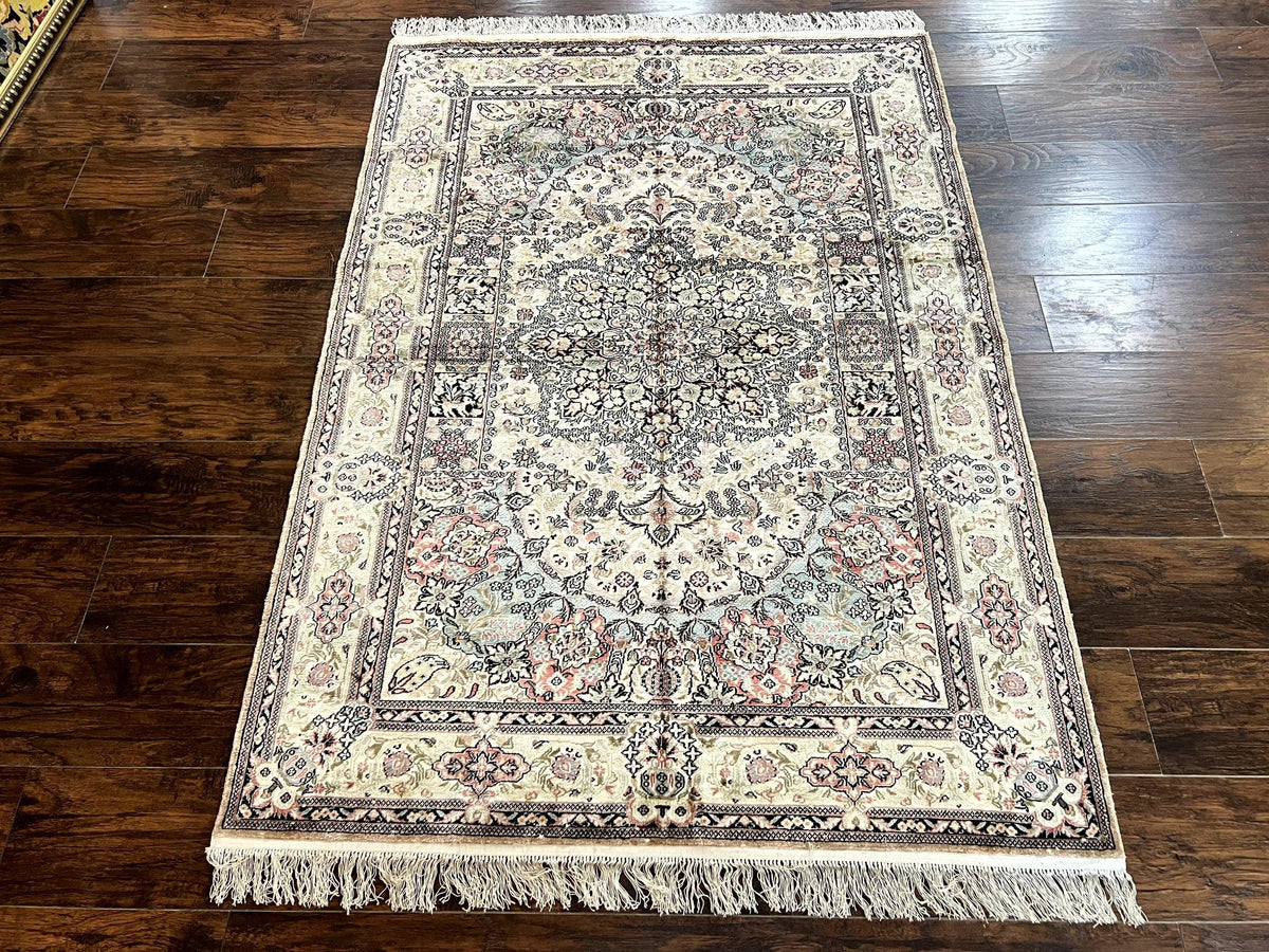 Silk Indian Kashmiri Rug 4x6, Handmade, Ivory, Fine 240 KPSI - Jewel Rugs, view 12