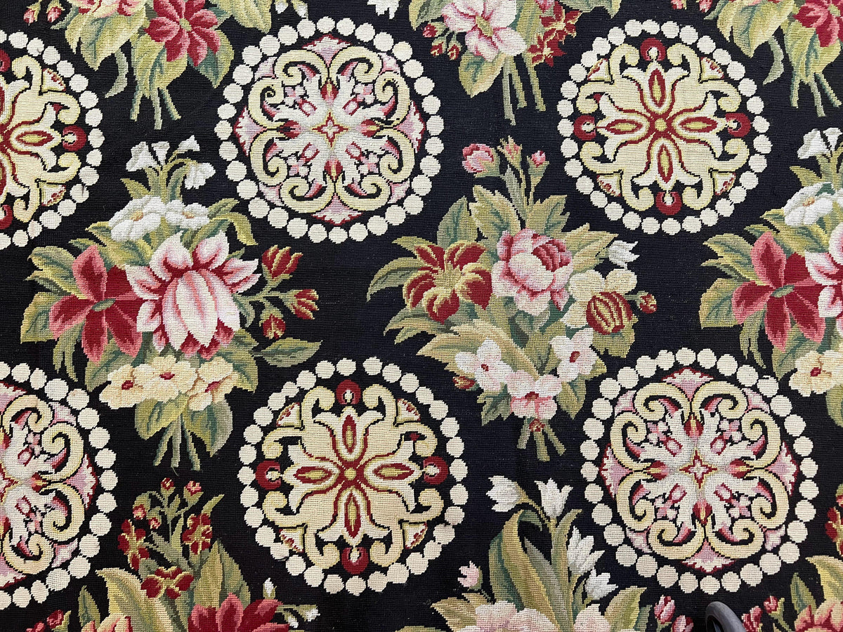 9x12 Black Needlepoint Rug, European Floral Panel Design, Handwoven, Vintage Chinese Needlepoint, Black Green Beige, Wool Rug 9 x 12 - Jewel Rugs, view 5