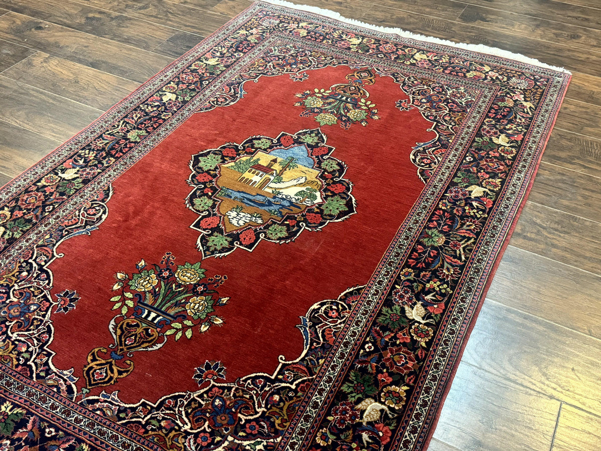 Red Persian Kashan Rug 4x6, Very Fine 260 KPSI, Red and Navy Blue Persian Carpet, Semi Open Field - Jewel Rugs, view 3