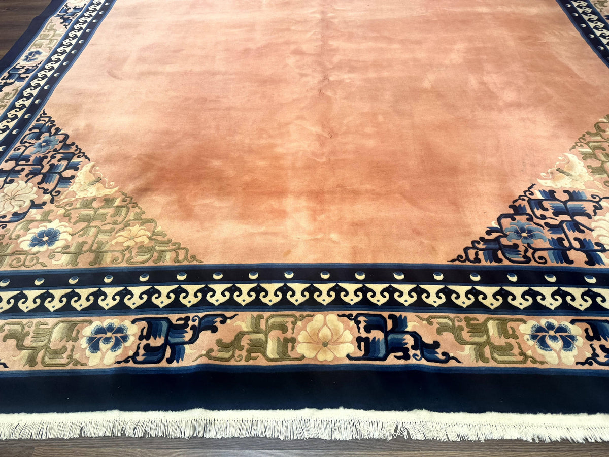 Chinese Wool Rug 11x18, Palace Sized Chinese Carpet, Peking Rug, Peach and Blue, Open Field, Simple Design, Art Deco Rug, Large Handmade Rug - Jewel Rugs, view 6