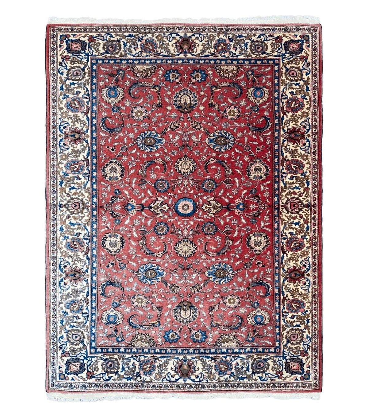 Semi Antique Persian Kashan, Red & Cream, Hand-Knotted, Wool, 4' 8" x 6' 6", Pair A - Jewel Rugs
