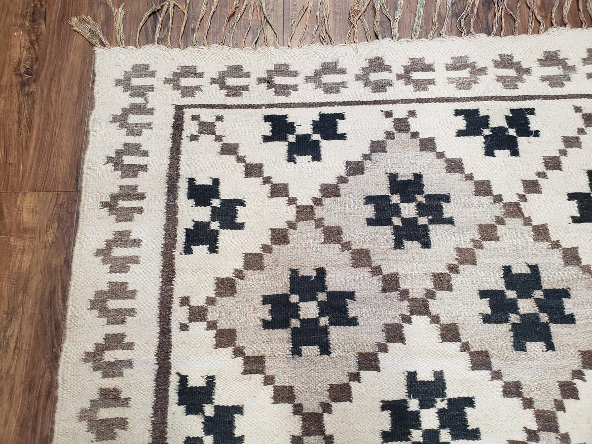 Semi Antique South American Blanket 4x8, Wool Hand-Woven Flatweave Kilim Rug, Handmade Antique Vintage Runner, Ivory & Blue, Diamond Panel - Jewel Rugs, view 6