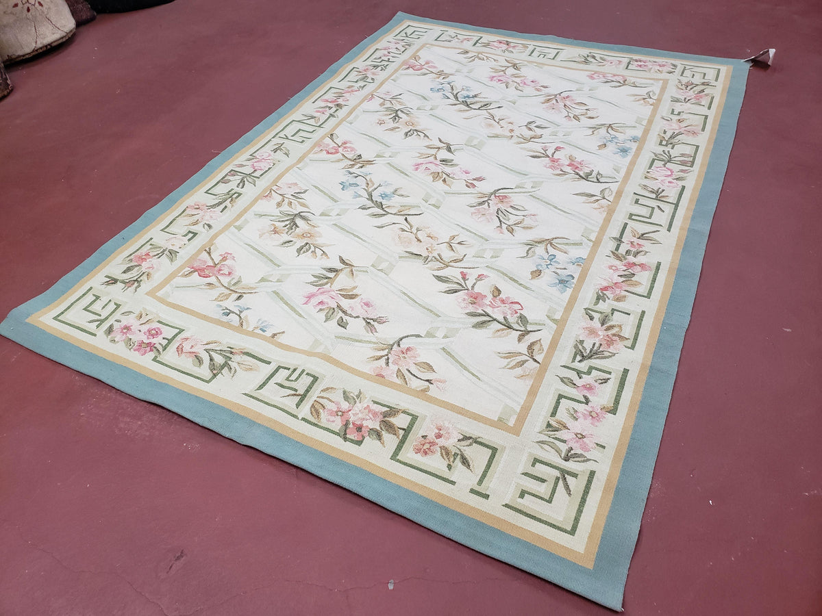 Vintage Aubusson Area Rug, Aubusson Flat weave Carpet, Floral Geometric Pattern, Beige Teal Green, 4x6 Rug, European Design - Jewel Rugs, view 3