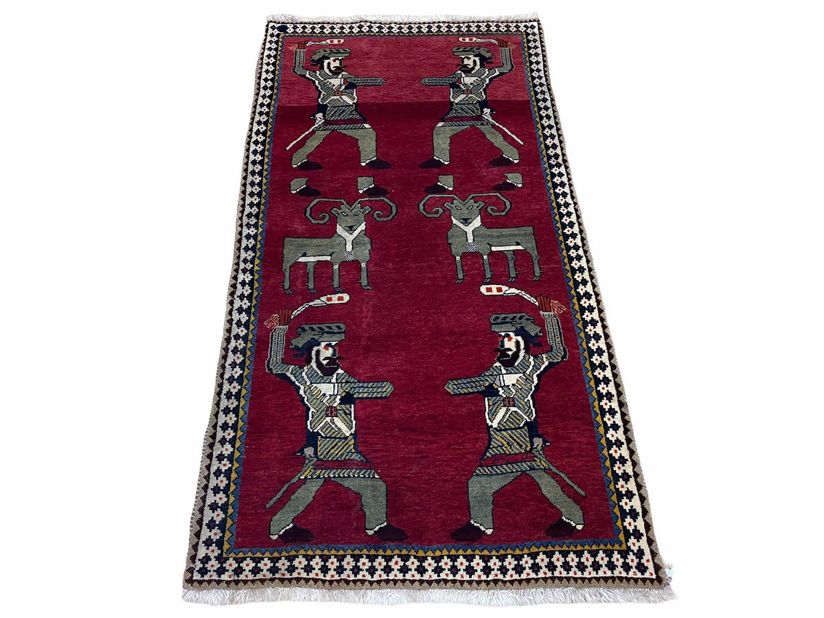 3 X 6 Handmade Wool Rug Tribal Balouch Warriors Deer Animal Pictorial Red Swords - Jewel Rugs, view 12