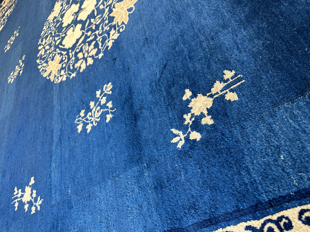 Antique Chinese Rug 9x12 | Blue, Ivory & Navy | Hand-Knotted Wool - Rugistan, view 6