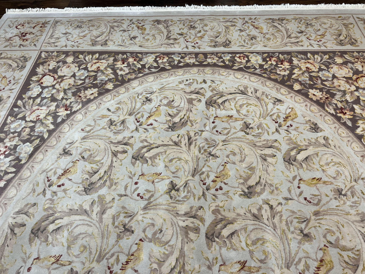 Aubusson Rug 10x14, Wool & Silk Highlights Hand Knotted Vintage Carpet, Birds Flowers, Fine Details, Elegant - Jewel Rugs, view 4
