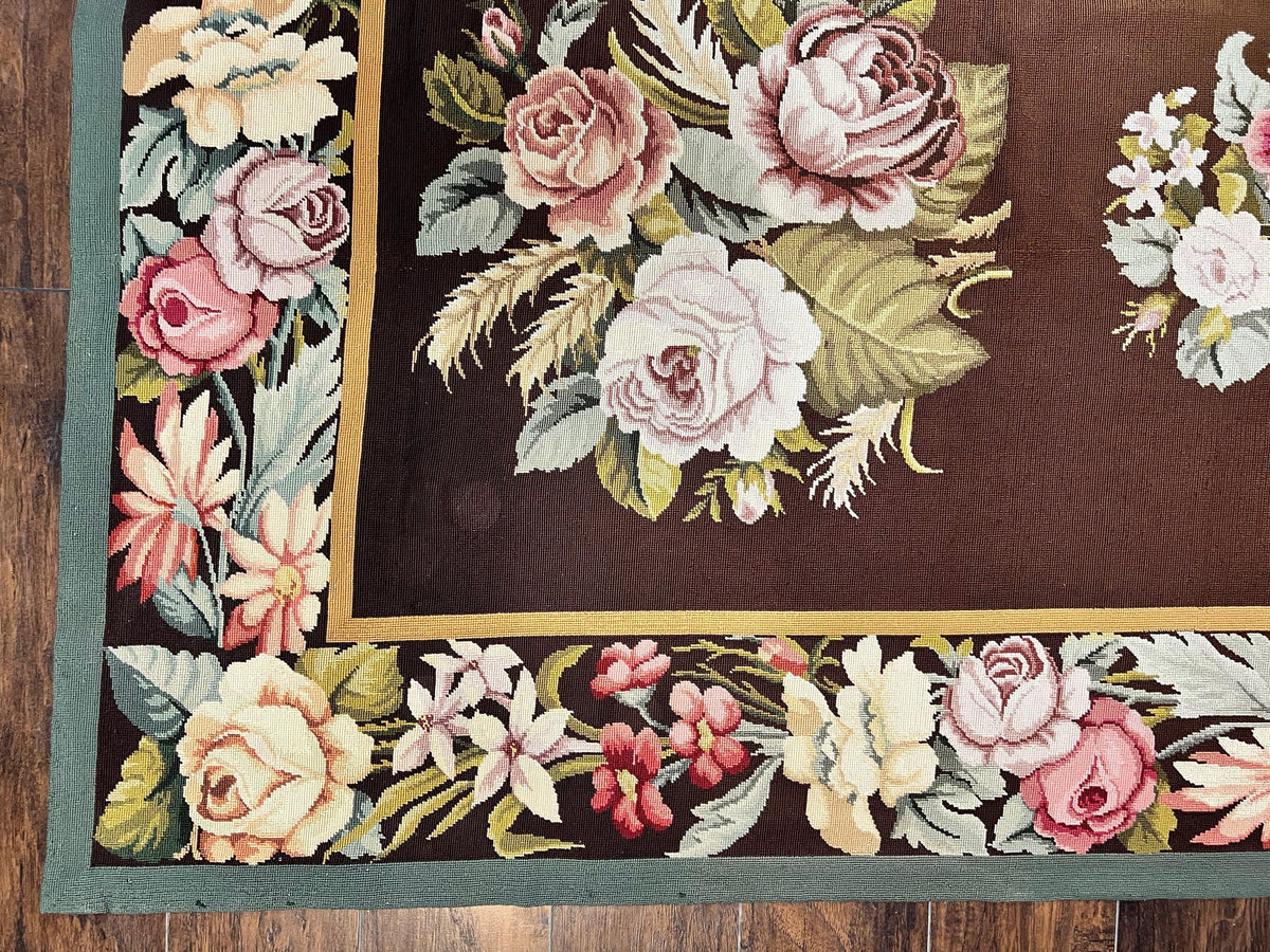 Vintage Needlepoint Rug 9x12, Large Handmade Hand-woven Needlepoint Carpet, Brown Area Rug, Floral Bouquets, Wool Rug, European Design - Jewel Rugs, view 9