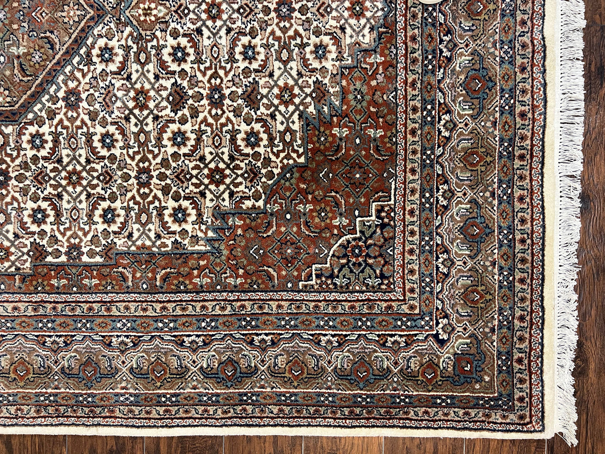 Indo Persian Rug 7x10 ft, Hand Knotted Wool Vintage Oriental Carpet 7 x 10, Traditional Handmade Herati Bidjar Cream Rug, Medallion Rug - Jewel Rugs, view 9