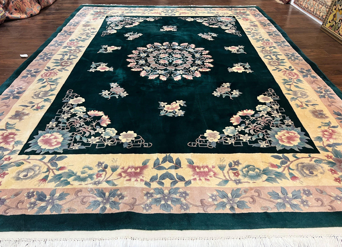 Chinese Art Deco Rug 9x12, Wool Hand Knotted Vintage Carpet, Dark Green & Cream, 90 Line Carving Rug - Jewel Rugs, view 2