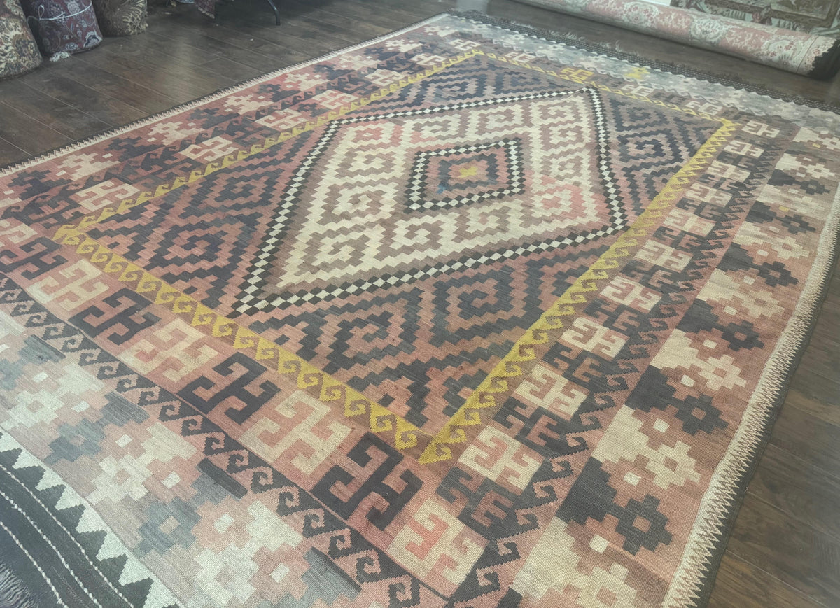 Antique Persian Tribal Kilim Rug 9x12, Zig Zag Pattern Kilim, Zarand Rug, Wool, Earth Tone Colors - Jewel Rugs, view 3