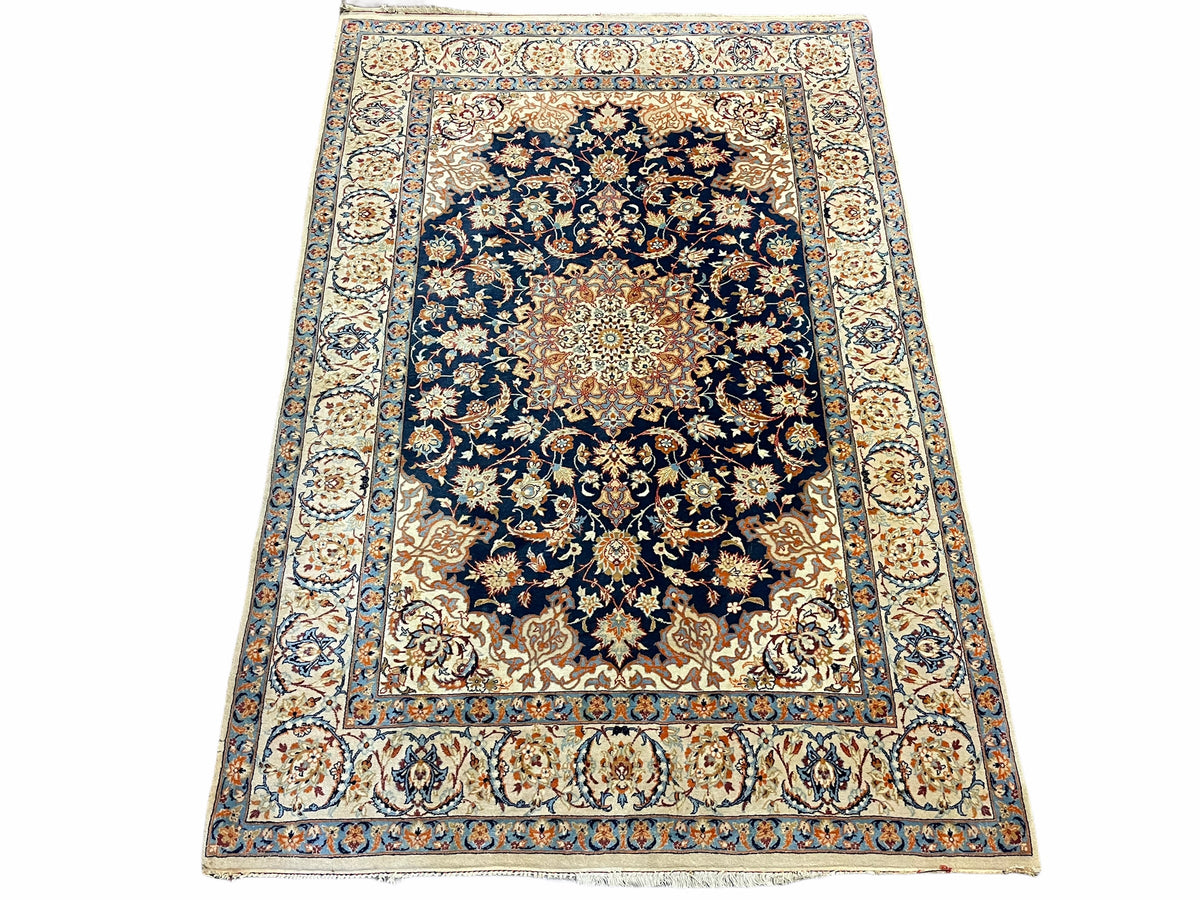 Persian Isfahan Rug 4x5, Navy Blue & Ivory, Wool and Silk Highlights - Jewel Rugs, view 2