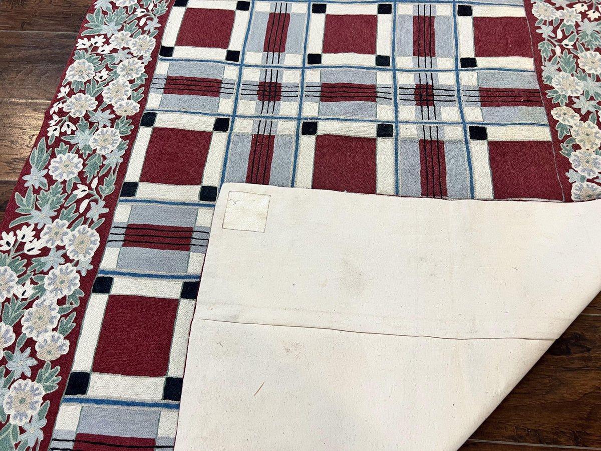 Indian Hand Stitched Rug 4x6, Vintage Carpet, Checkerboard Floral Pattern, Maroon Ivory, Flatweave, Wool - Jewel Rugs, view 11