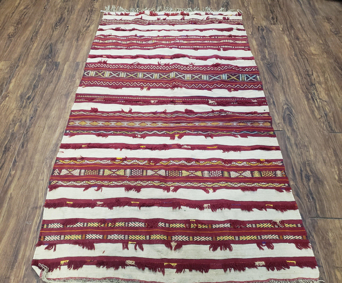 Antique Turkoman Yamud Rug 3x5 ft, 1920s Turkmen Sofreh Table Cover, Bohemian Rug, Tribal Collectible, Striped Rug, Handmade Ivory and Red - Jewel Rugs, view 2