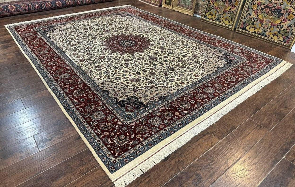 Sino Persian Rug 9x12, Vintage Wool Oriental Carpet, Floral Medallion, Wool Rug, Cream and Maroon - Jewel Rugs, view 2