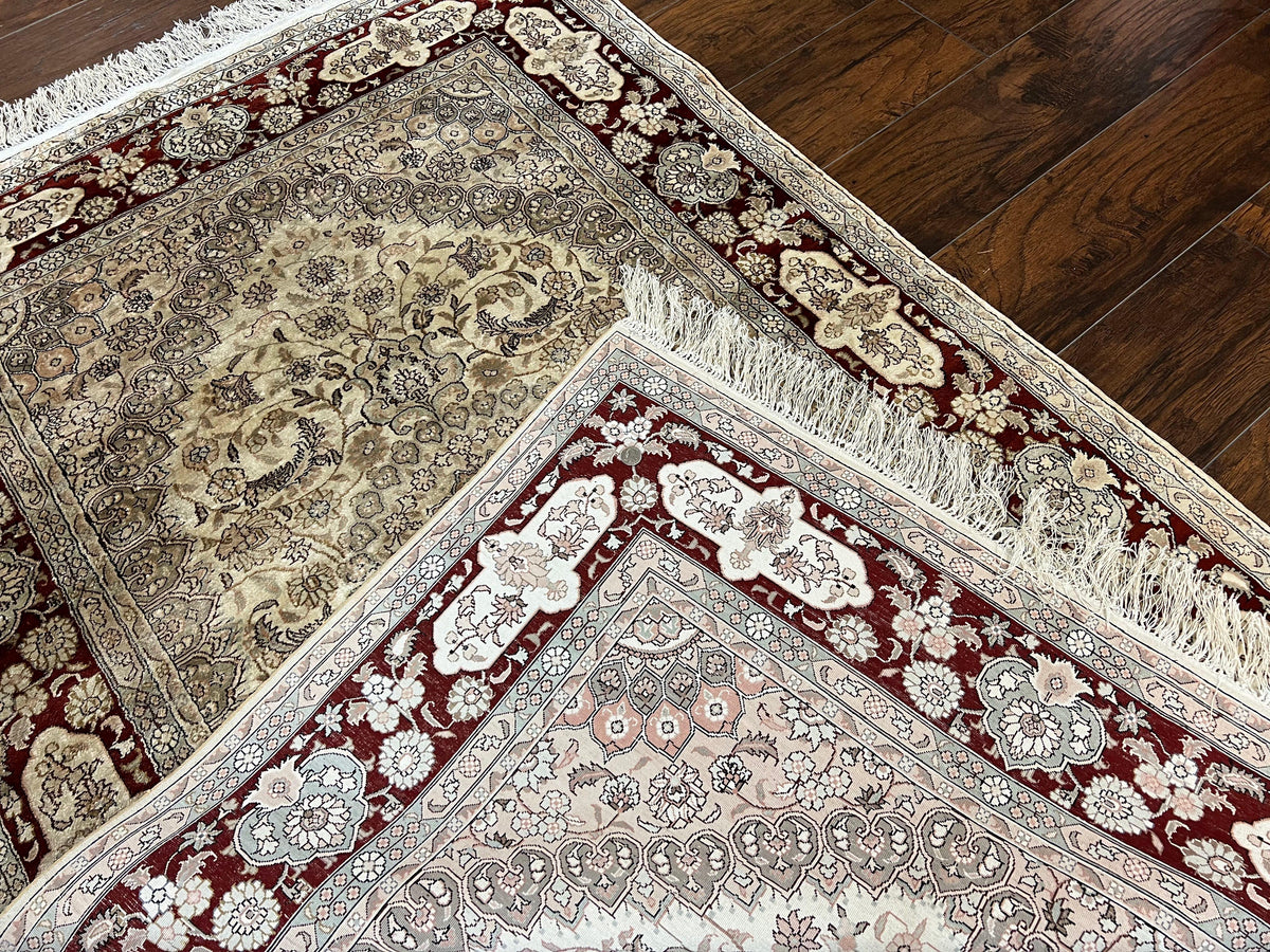Silk Indian Kashmiri Rug 4x6 ft, Floral Medallion Hand Knotted Handmade Oriental Carpet, Vintage, Cream Burgundy, Very Fine Silk Rug 4 x 6 - Jewel Rugs, view 11