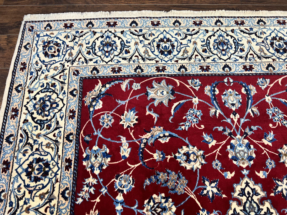 Persian Nain Rug 6x10, Wool and Silk Highlights, Red and Ivory, Floral Medallion, Vintage Handmade Hand Knotted, Fine 225 KPSI, Traditional Rug - Jewel Rugs, view 6
