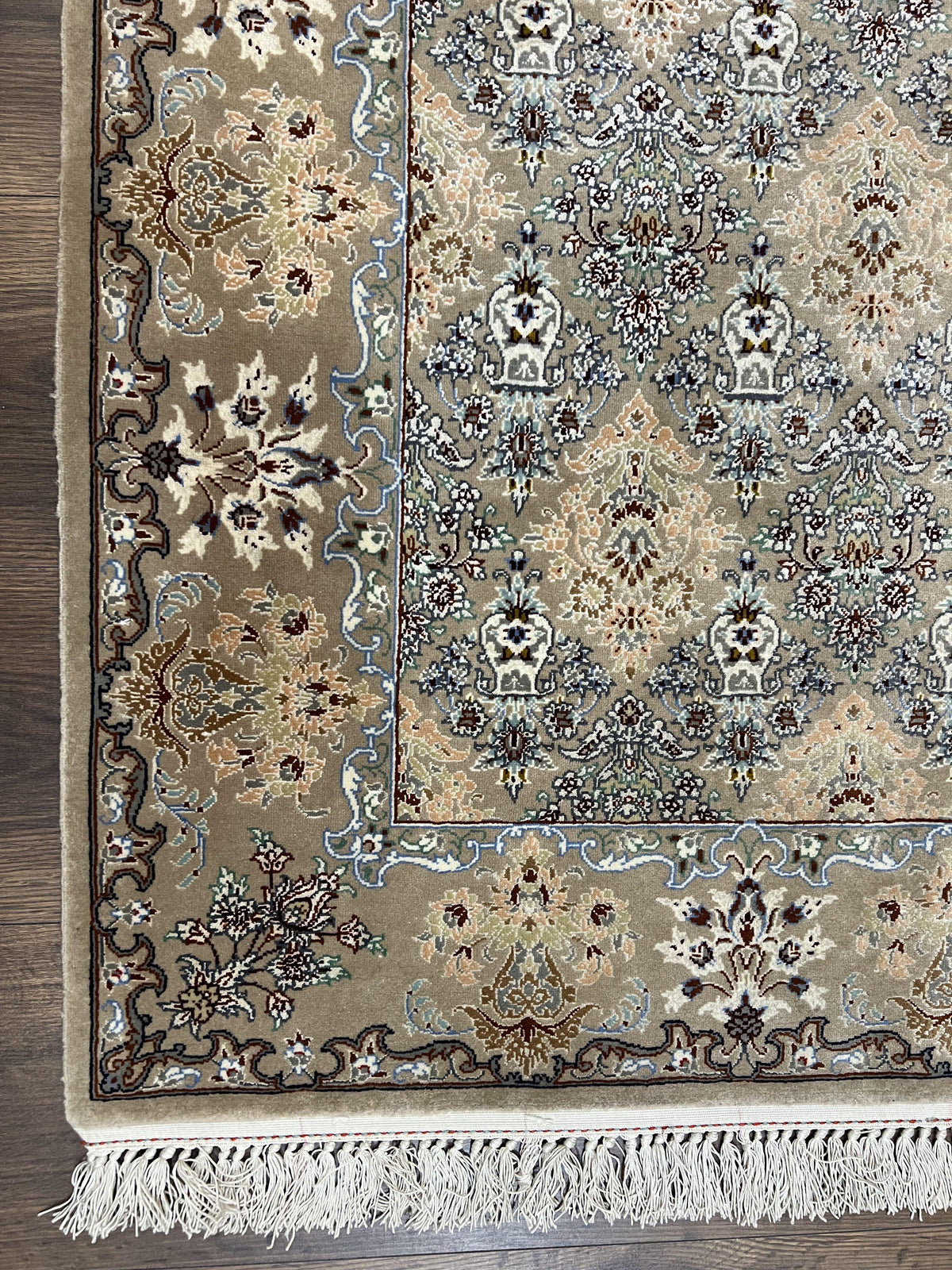 Super Fine Persian Isfahan Rug 3x5 ft, Kork Wool on Silk Foundation, Repeated Floral Motif, Taupe Tan Hand Knotted Oriental Carpet 3 x 5 ft, Signed - Jewel Rugs, view 7