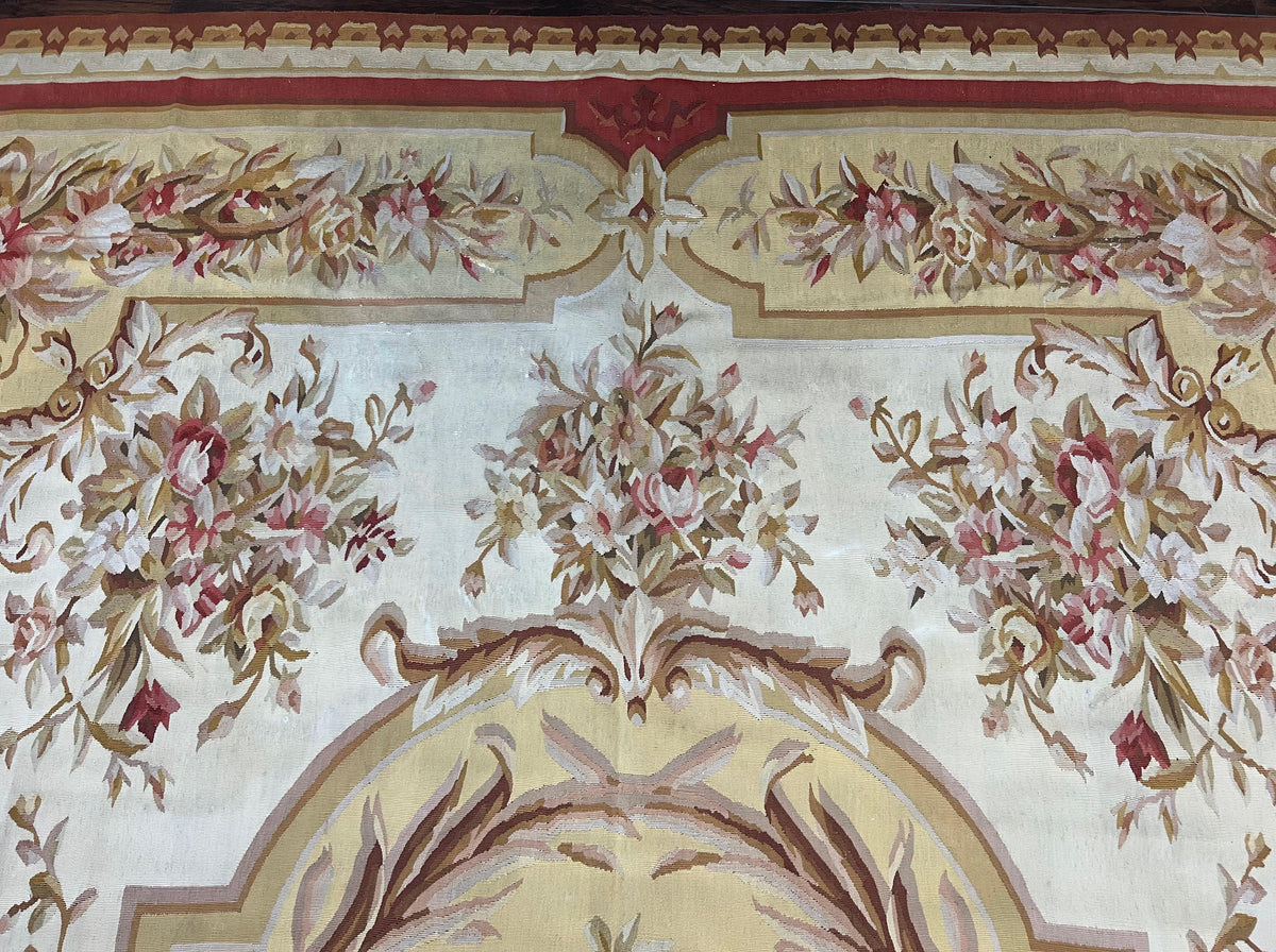 Aubusson Rug 9x12, Elegant Flatweave Savonnerie Carpet 9 x 12 ft, Ivory Light Yellow Red, Handmade Wool Flatweave French European Rug - Jewel Rugs, view 4