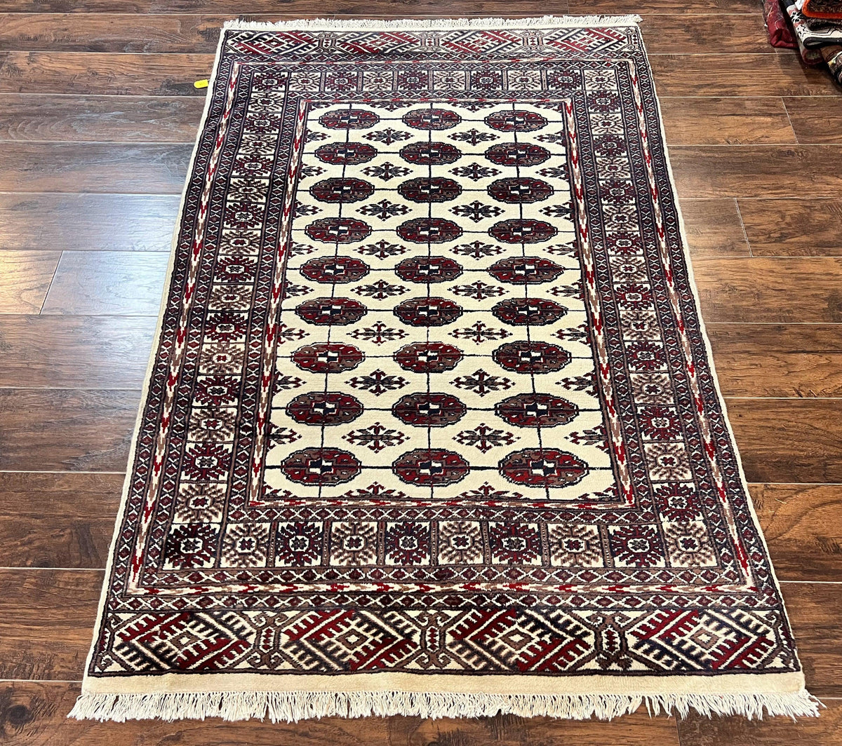Pakistani Bokhara Rug 4x6, Turkoman Carpet, Vintage Handmade Wool Rug, Ivory - Jewel Rugs, view 2