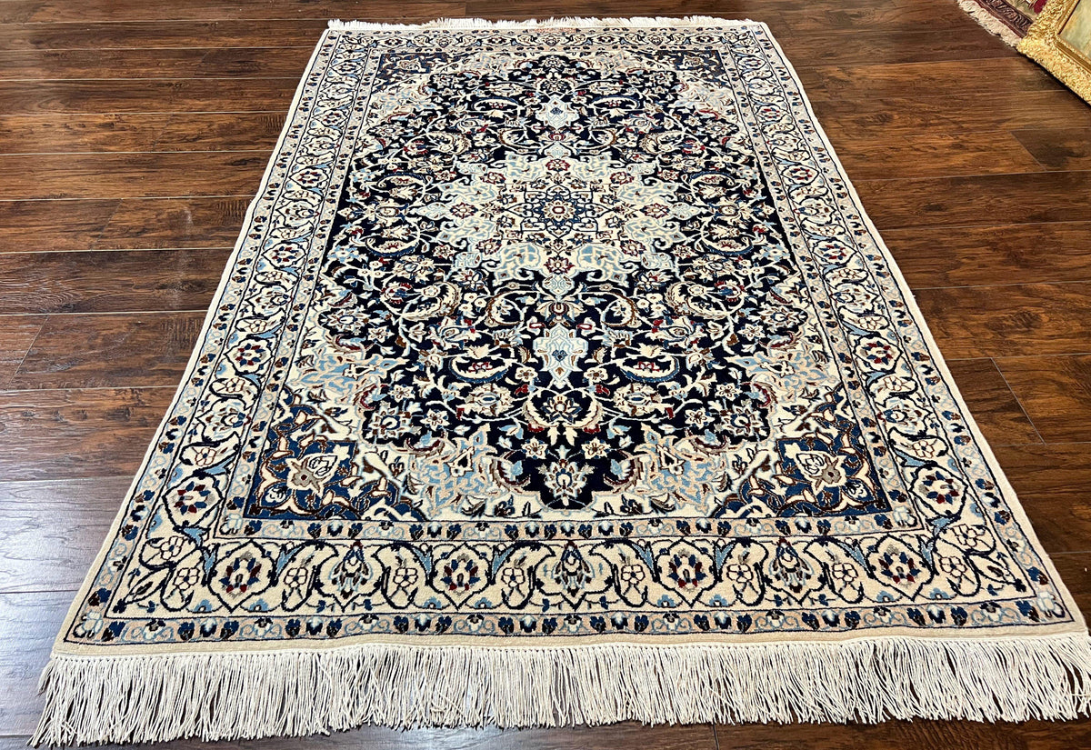 Persian Nain Rug 4x6, Floral, Hand Knotted Vintage Wool & Silk Highlights, Signature from Masterweaver, Navy Blue and Ivory - Jewel Rugs, view 2