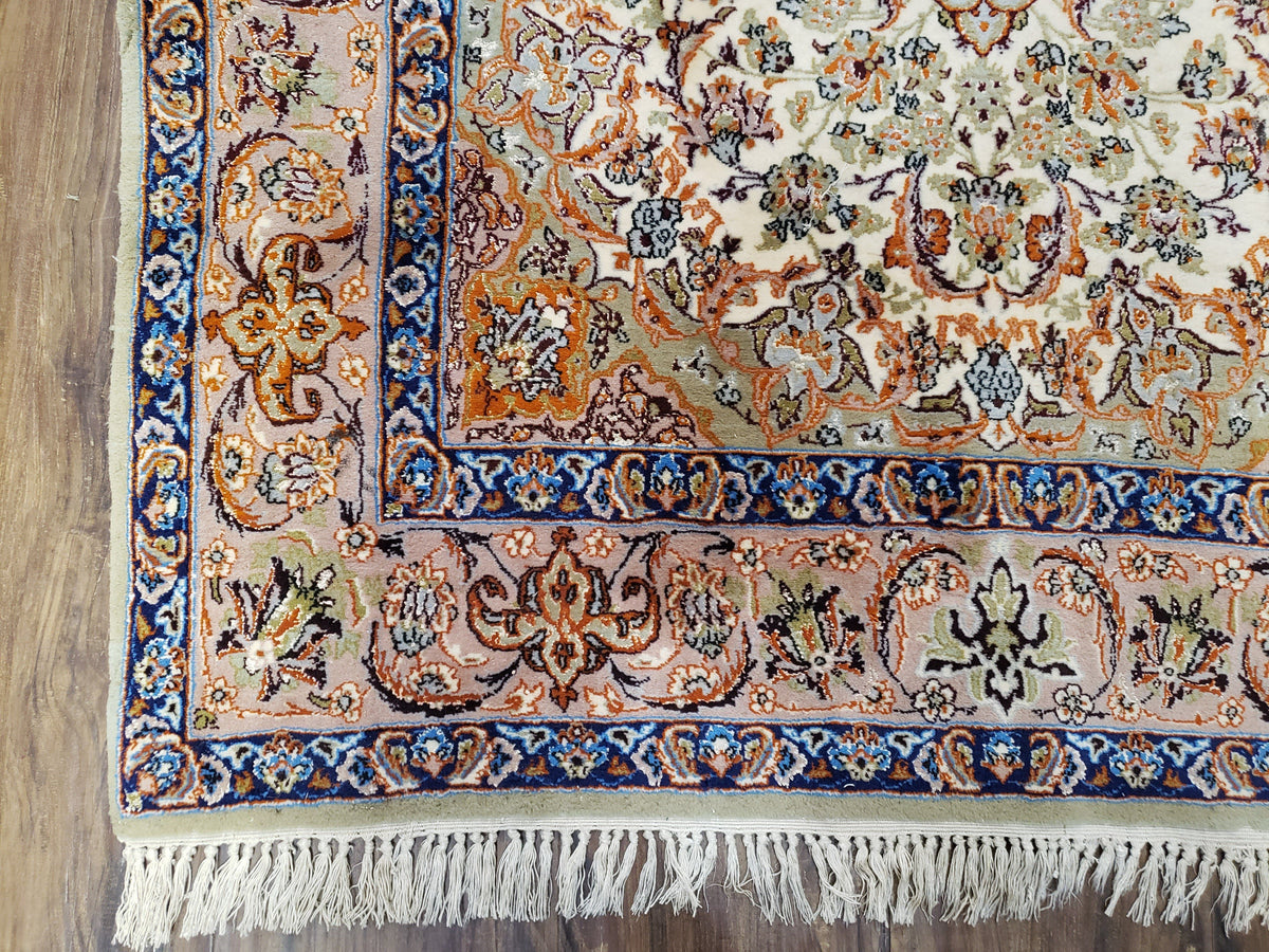 Vintage Persian Isfahan Lachak Toranj Rug, Highly Detailed, Kork Wool on Silk Foundation, Beige and Dark Blue, Hand-Knotted, 3'6" x 5' 4" - Jewel Rugs, view 9