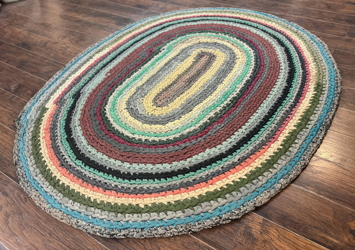 Antique American Braided Rug 5x7, Oval Multicolor Handmade Wool Braided Carpet - Jewel Rugs, view 3