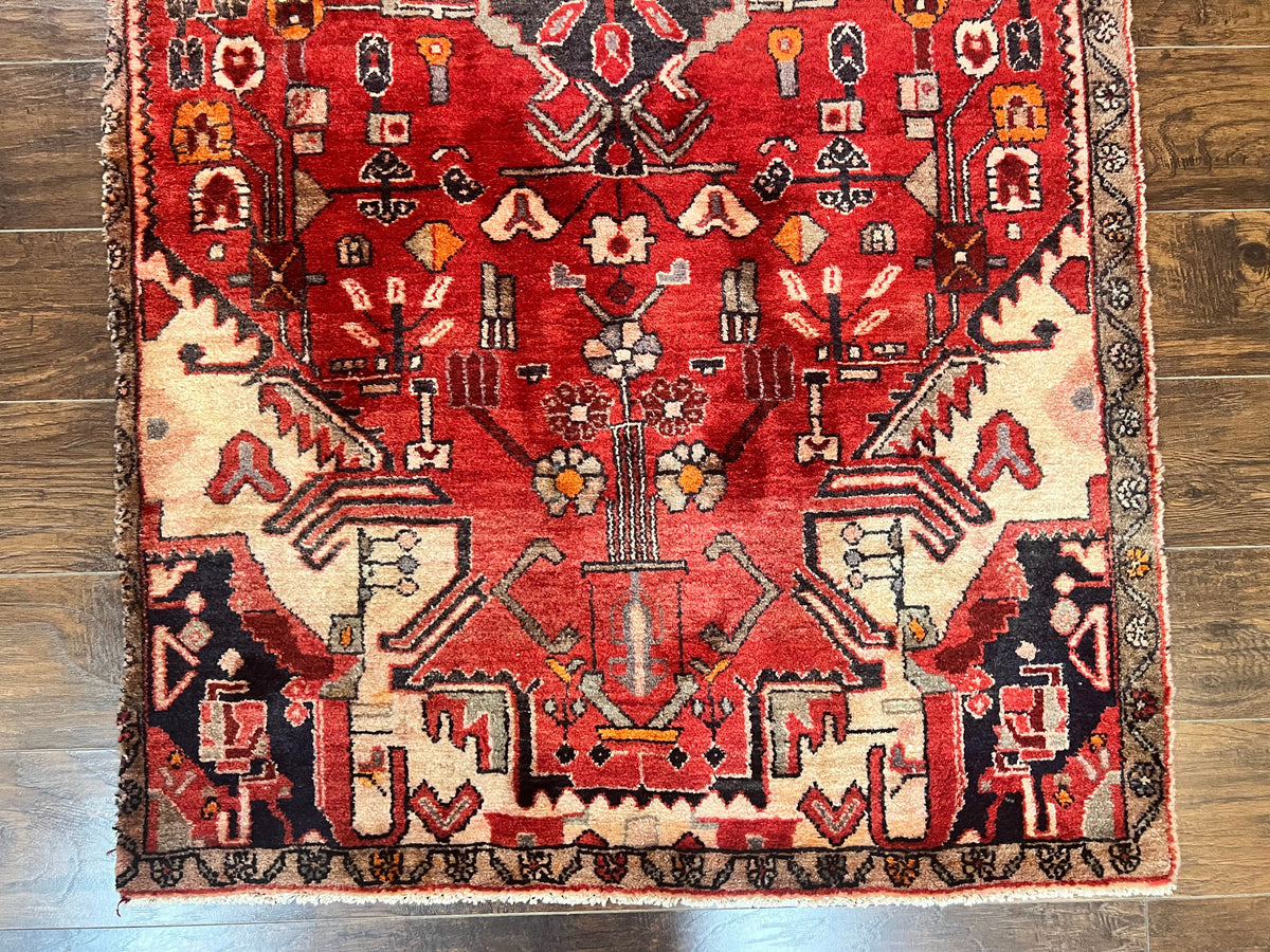 Antique Persian Tribal Rug 4 x 8, Geometric Medallion, Boho Rug, Wool Handmade Rug, Red 4x8 Rug, Persian Hamadan Rug - Jewel Rugs, view 6