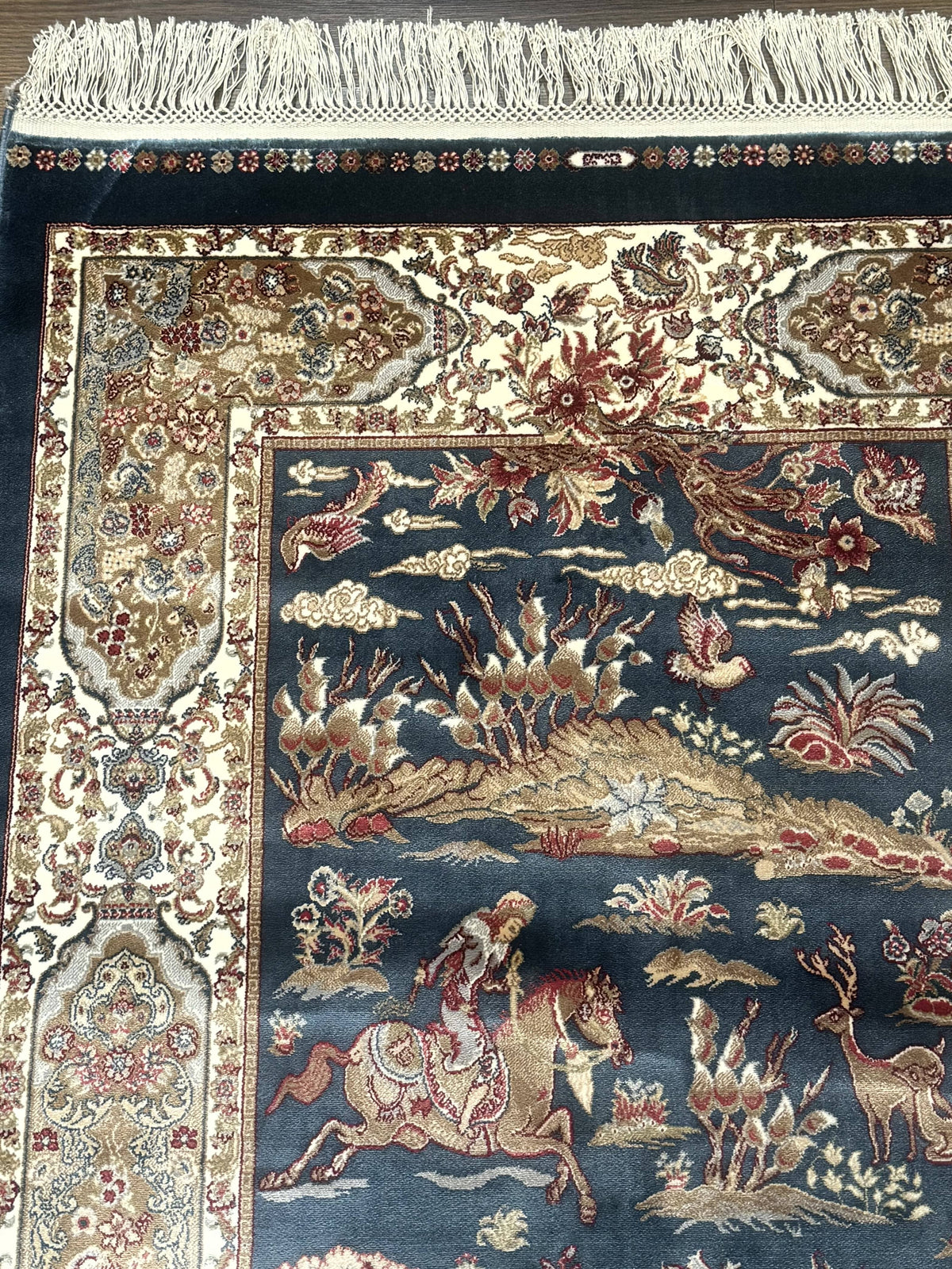 Turkish Silk Hunting Scene Rug 2.6 x 5, Dark Steel Blue & Ivory, Bamboo Silk, New - Jewel Rugs, view 7