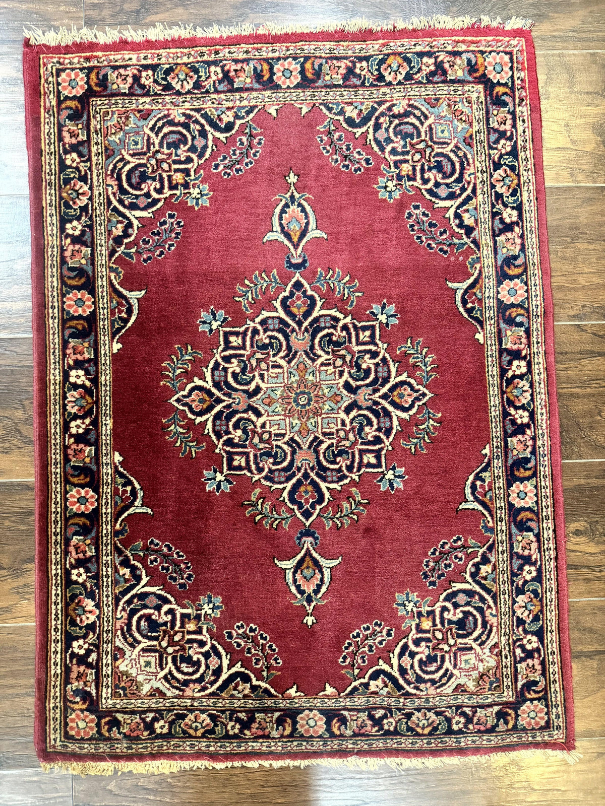 Small Persian Kashan Rug 2x3, Red and Navy Blue, Handmade Vintage Wool Semi Antique Persian Carpet, Semi Open Field, Pair B - Jewel Rugs, view 9