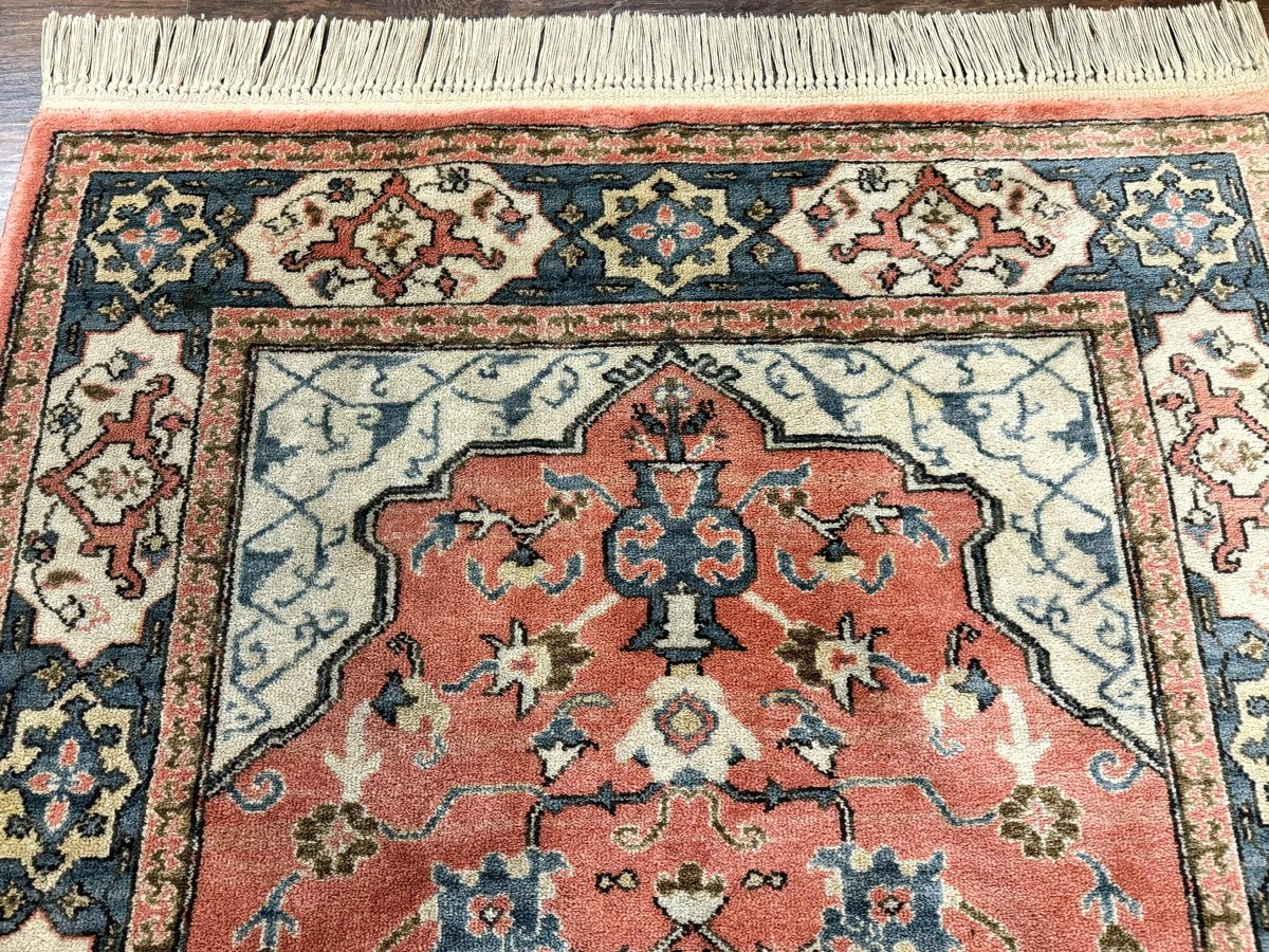 Karastan Rug 4x6 Bergama Design #737, Karastan Area Rug, Vintage Wool Karastan Carpet, Original Collection 700 Series, Salmon Red Light Blue - Jewel Rugs, view 4
