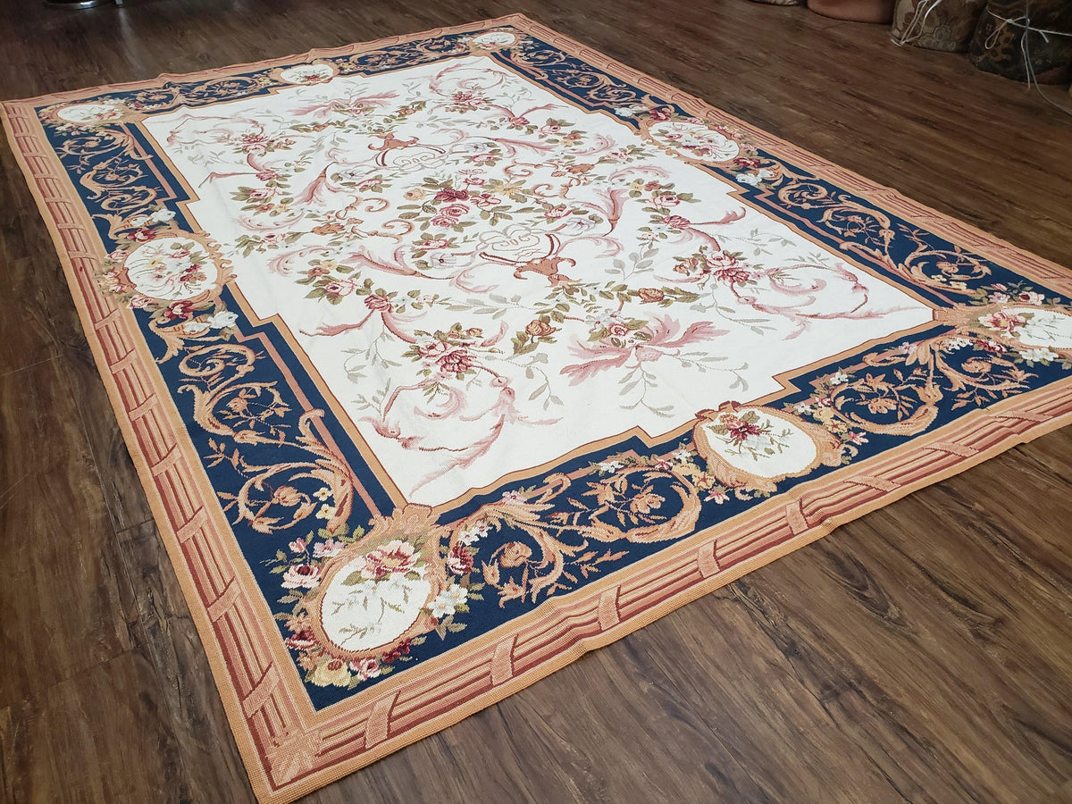 Chinese Aubusson Savonnerie Area Rug 6x8, Vintage Hand-Woven Needlepoint Rug, Flat Weave Handmade Wool Carpet Living Room Ivory & Navy Blue - Jewel Rugs, view 2