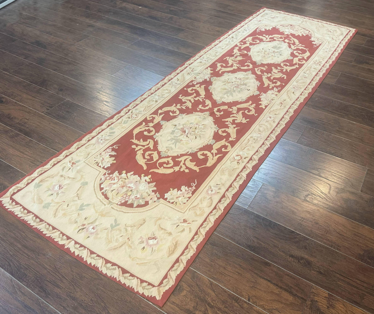 Aubusson Runner Rug 3x10, European Design, Red and Beige, Elegant, Handmade Wool Rug - Jewel Rugs, view 3