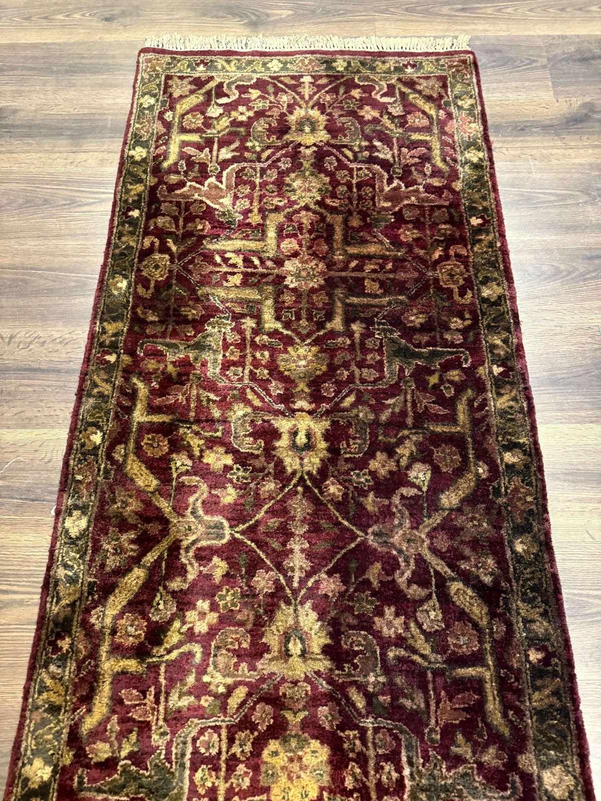 Indo Persian Runner Rug 2.7 x 13.8, Maroon, Wool, Handmade Indian Rug for Hallway - Jewel Rugs, view 8