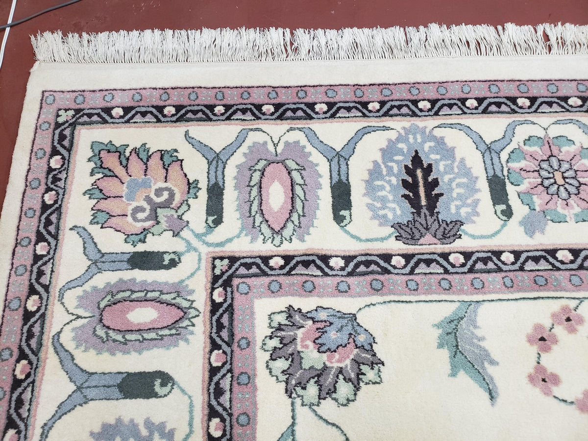 Ivory & Teal Indo Persian Area Rug 9x12, Wool Hand-Knotted Oriental Carpet, 9 x 12 Soft Traditional Living Room Rug, Dining Room Rug - Jewel Rugs, view 6