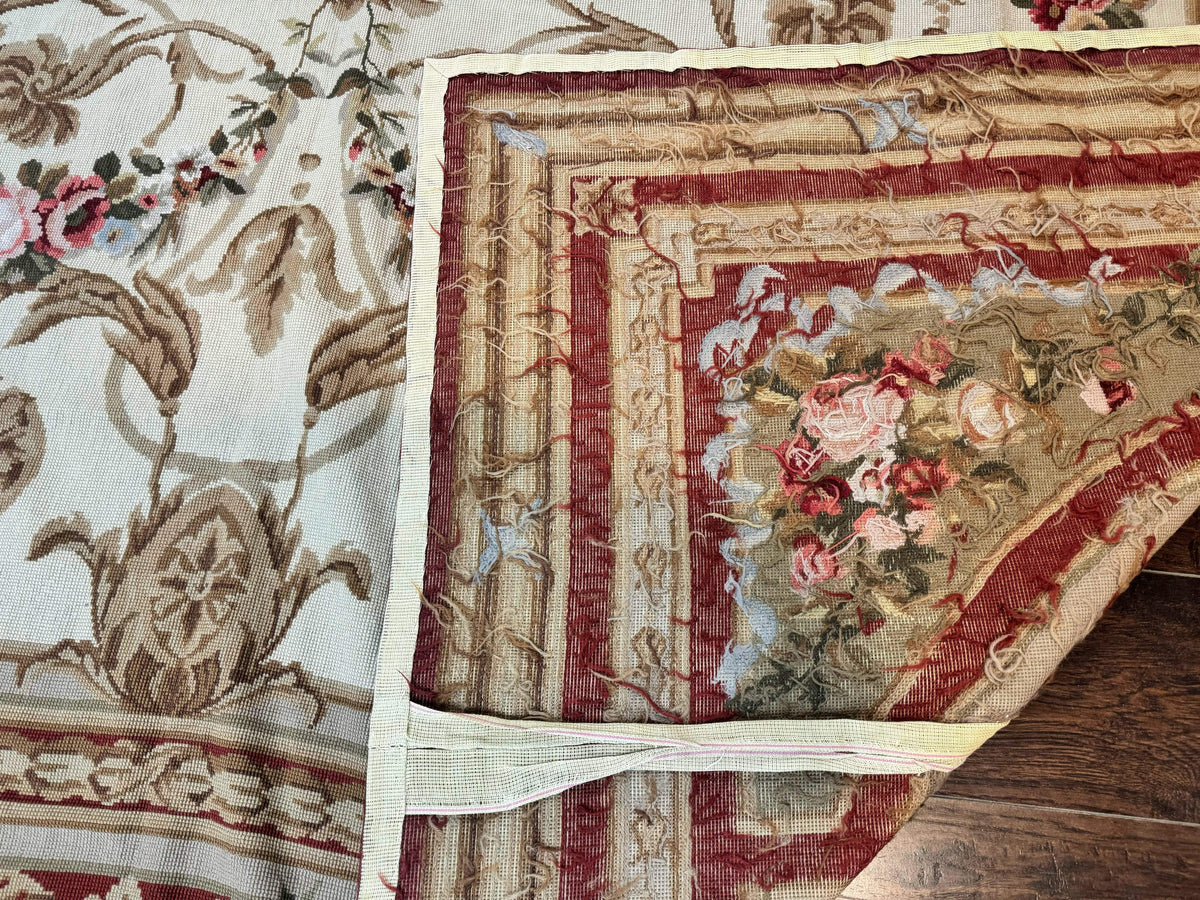 Aubusson Needlepoint Rug 9x11, Handmade Vintage Wool Flatweave Carpet, Elegant European Rug, Floral, Cream - Jewel Rugs, view 11