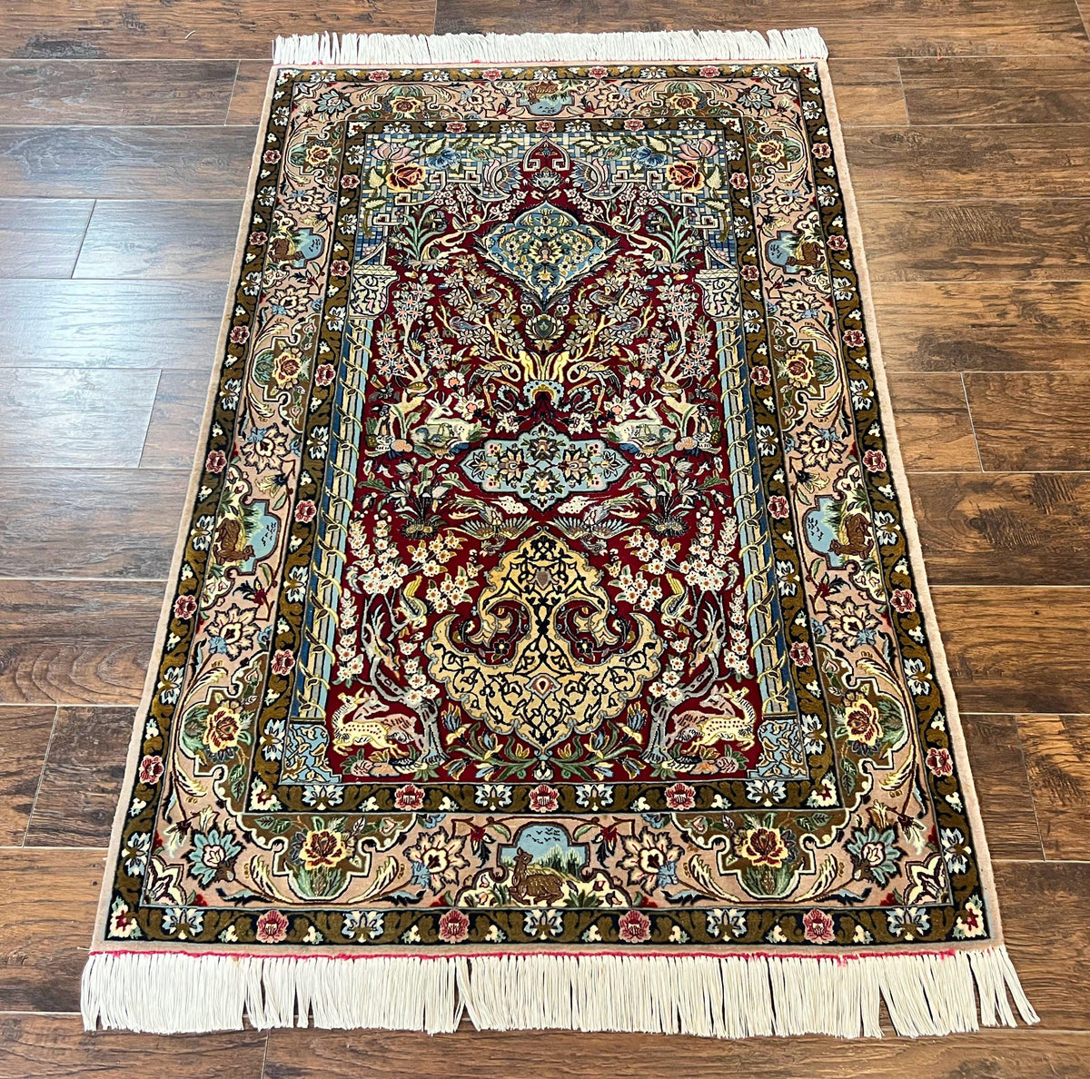 Marvelous Persian Isfahan Rug 3.7 x 5.6, Tree of Life and Animal Pictorials, Handmade Vintage Super Fine 600 KPSI, Kork Wool  Silk Highlights, Rare - Jewel Rugs, view 2