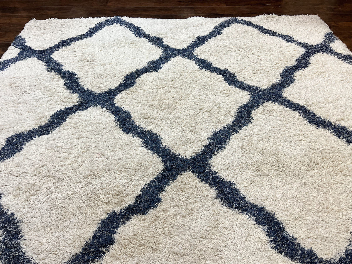 Modern Shag Rug 9x12, Ivory and Dark Blue, Diamond Pattern, Soft, Room Sized, Contemporary Rug, Plush - Jewel Rugs, view 8
