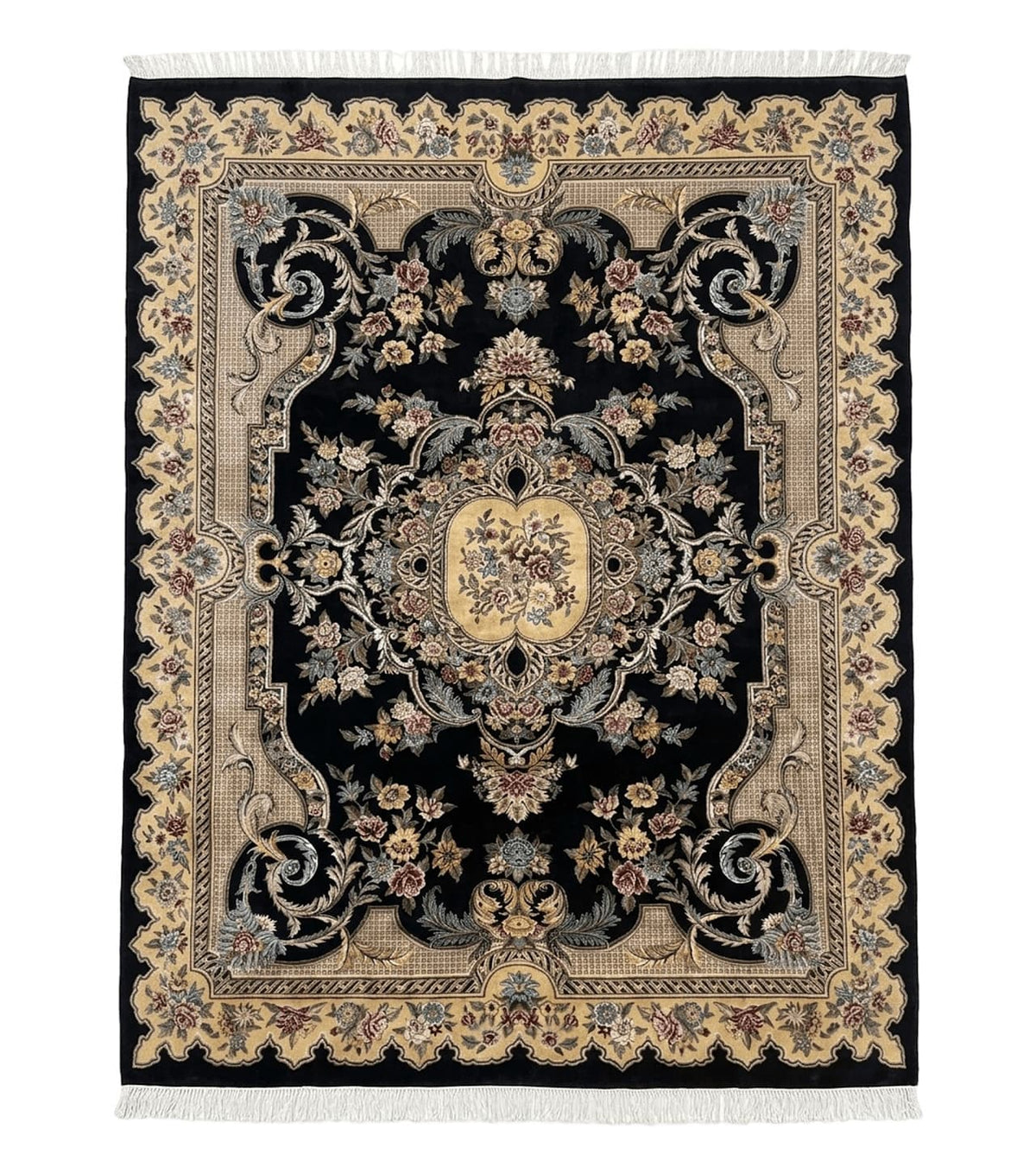 Aubusson Rug 9x12, Black and Beige, Floral, Elegant Handmade French European Design Carpet - Jewel Rugs