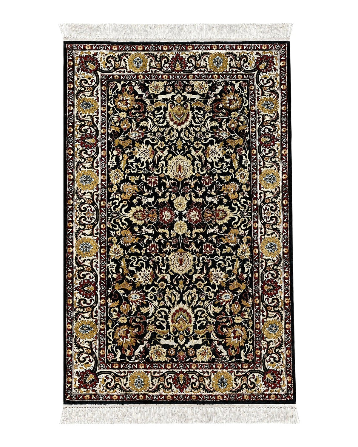 Sino Persian Silk Rug 3x5 Oriental Carpet 3 x 5 Fine Silk Rug, Black Ivory Gold, Animal Motifs, Flowers, High Quality, Vintage Silk Rug Wow - Jewel Rugs