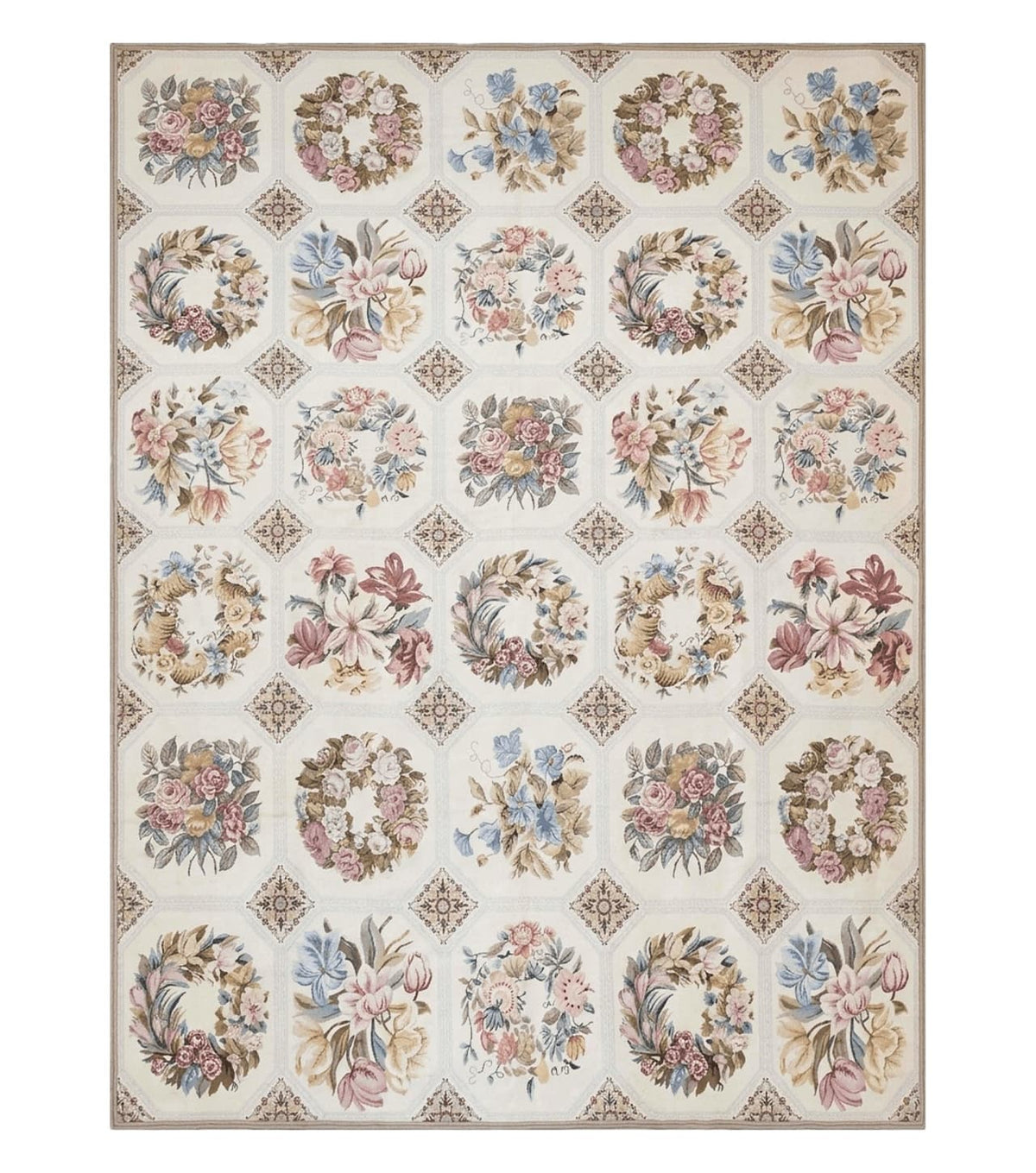Needlepoint Rug 10x13 Vintage Carpet, Floral Panel Design, Beige, Multicolor Flowers, Handmade Hand Woven, Flatweave, No Pile, Wool - Jewel Rugs