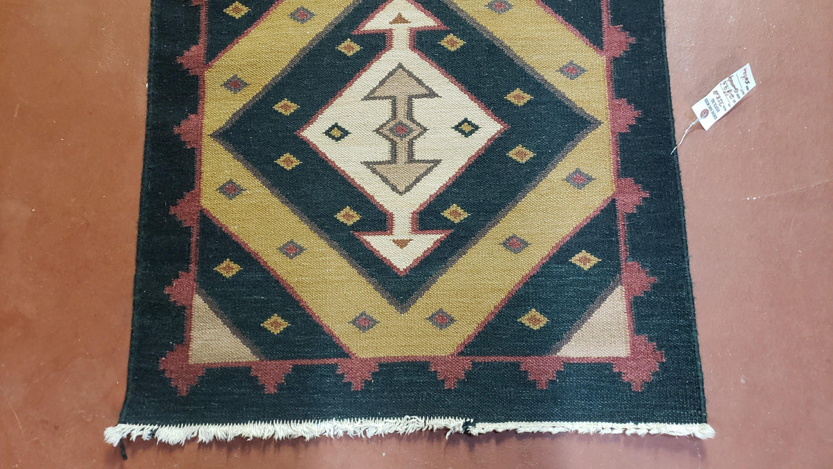 Vintage Indian Kilim Runner Rug, Geometric Flatweave Hand-Knotted Wool Kitchen Hallway Runner, Black Gold & Beige, 2' 8" x 9' 9" - Jewel Rugs, view 8