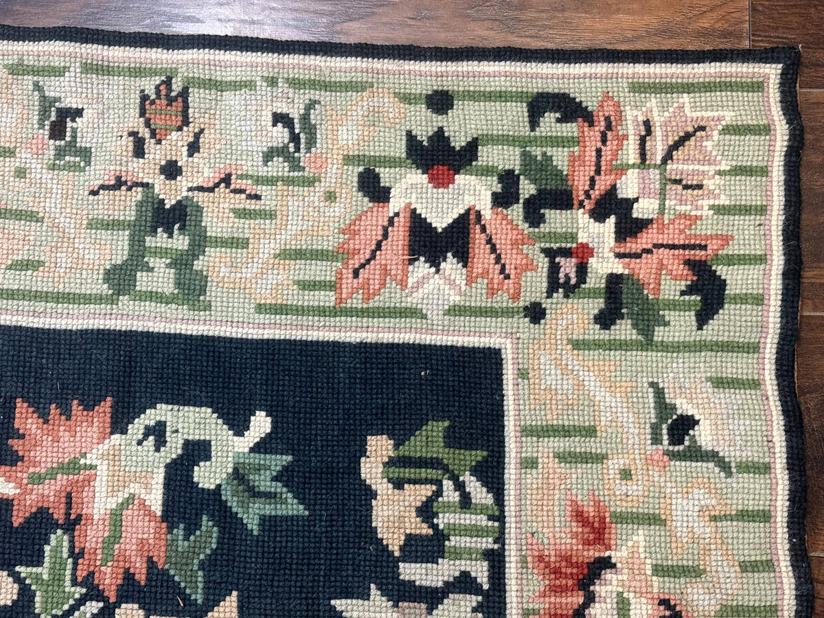 Vintage American Needlepoint Rug 4x6, Dark Green, Wool, Handmade, Flatweave Carpet - Jewel Rugs, view 7