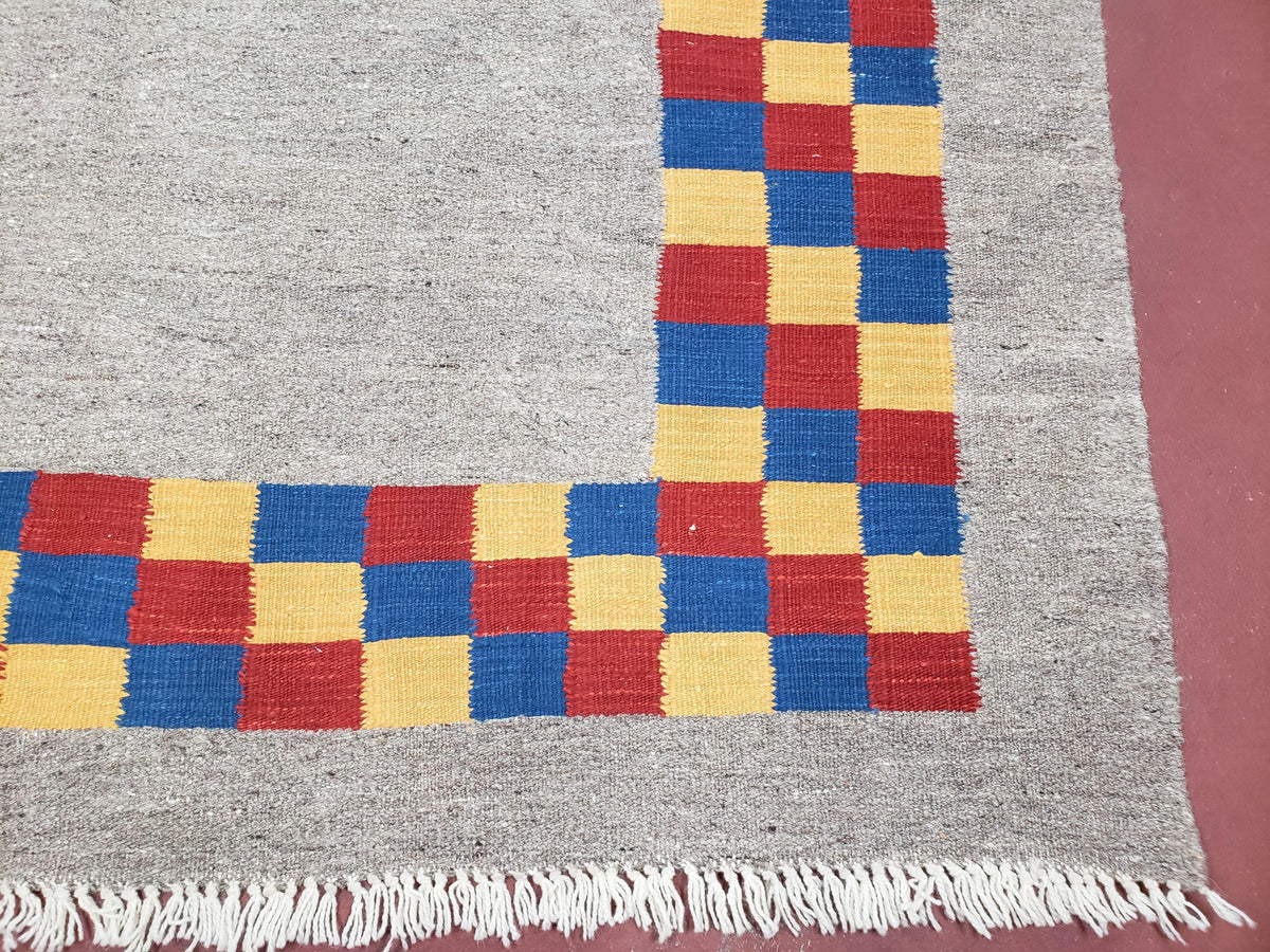 New Turkish Kilim Area Rug, Gray Carpet With Colorful Checker Border, 5'6" x 8", Flatweave Carpet, Playroom Rug, Kids Room Rug, Hand-Knotted - Jewel Rugs, view 8