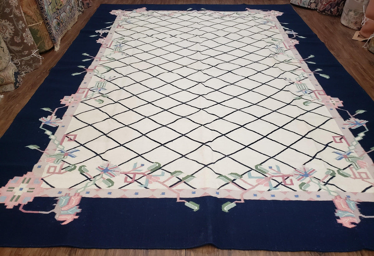 Vintage Dhurrie Rug, Indian Dhurrie 8x11 - 9x11, Wool Hand-Woven Ivory & Black Indo Carpet, Large Flat Weave Rug Living Room Rug Black White - Jewel Rugs, view 2