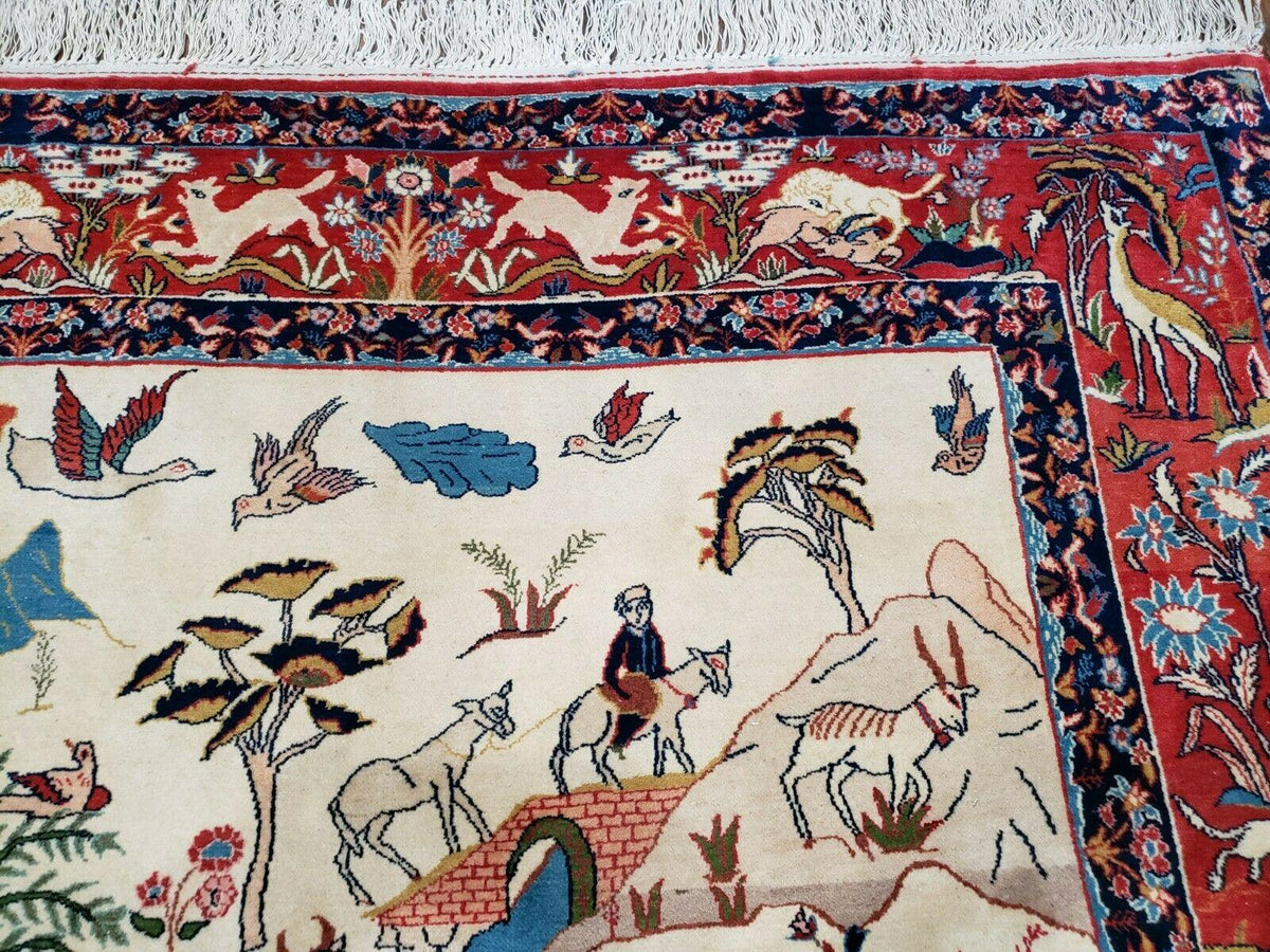 Antique Persian Isfahan Rug 5x7, Animal and Human Pictorials, Hand Knotted Fine Oriental Wool Carpet, Cream and Red, High KPSI, Vintage Rug 5 x 7 ft - Jewel Rugs, view 7