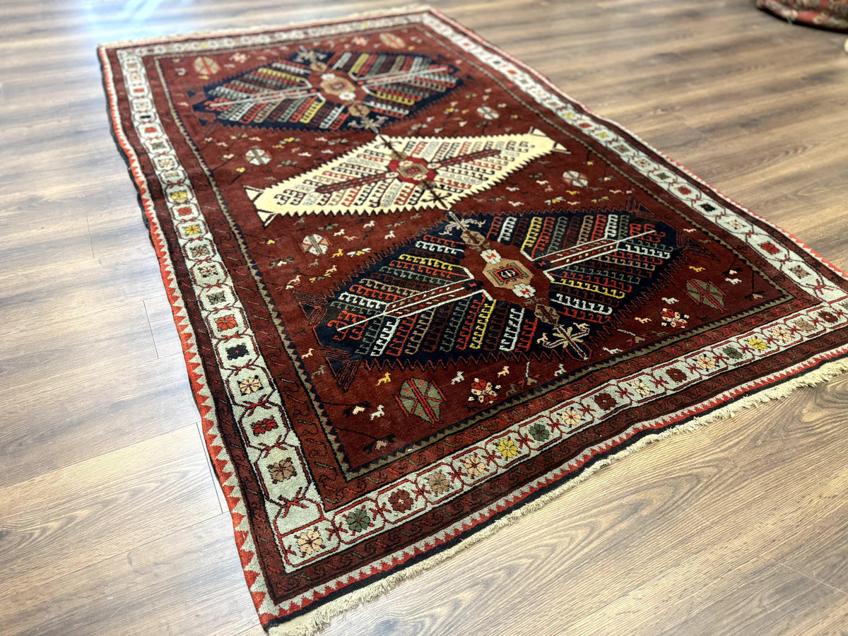 Antique Persian Tribal Rug 5 x 7.8, Triple Medallions, Red, Persian Afshar Rug - Jewel Rugs, view 3