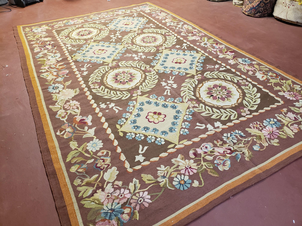Aubusson Rug 6 x 9 Flat Weave Area Carpet European Design Flowers New Brown Rug Handmade Wool Hand-Knotted Aubusson Weave Medium Rug 6x9 - Jewel Rugs, view 3