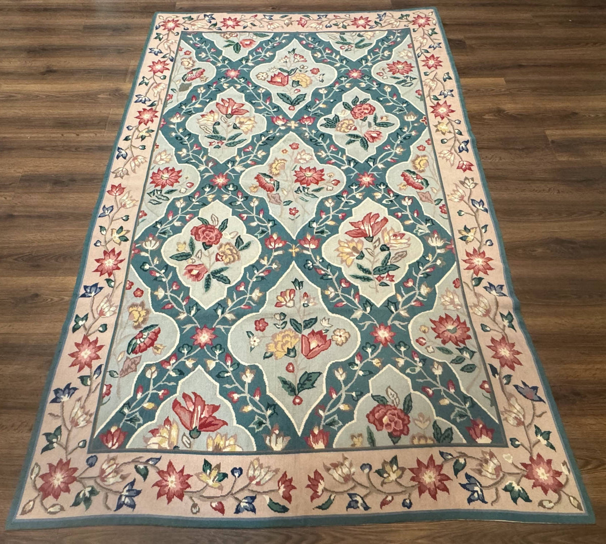 Teal Needlepoint Rug 6x9, Panel Design, Floral Bouquets, Handmade - Jewel Rugs, view 2