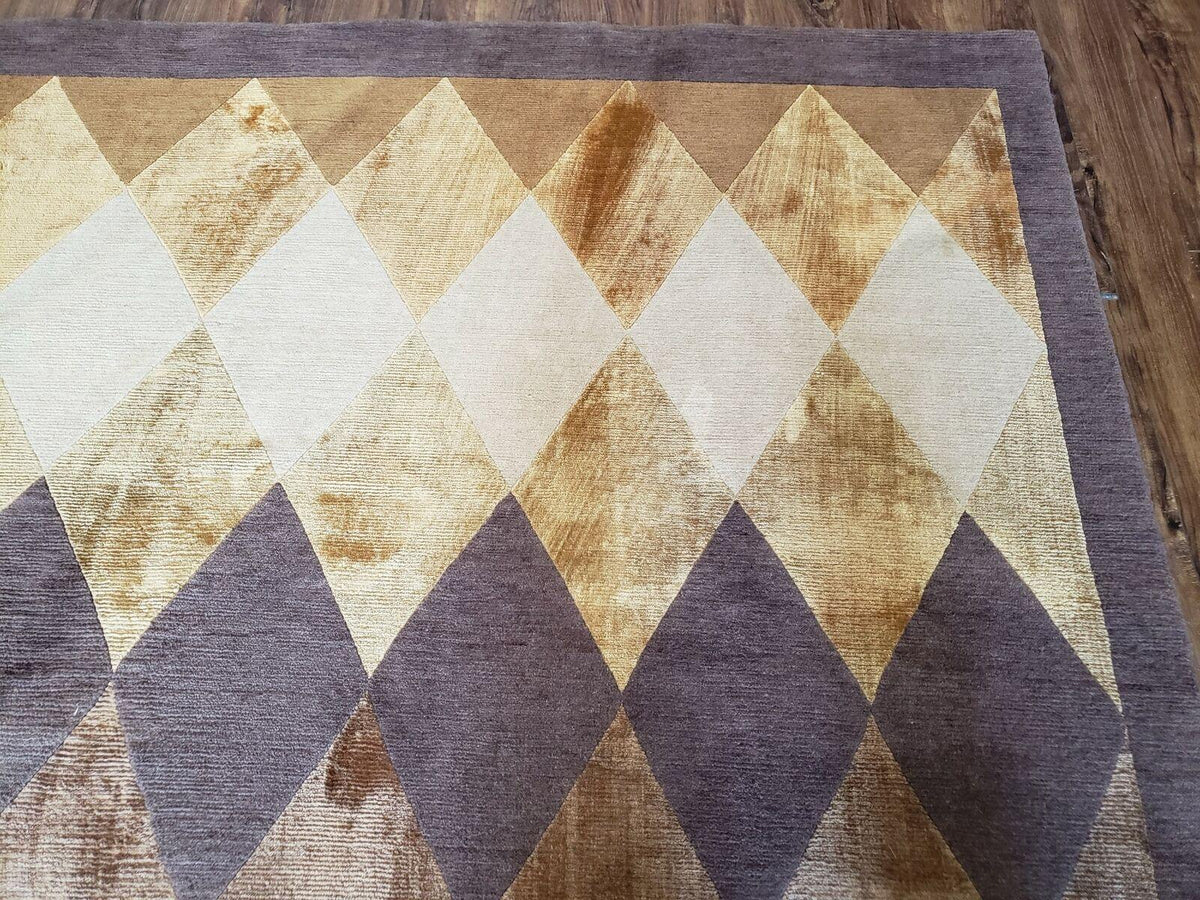 Modern Tibetan Rug 8.6 x 11, Wool and Silk, Multicolor, Diamond Panel Design - Jewel Rugs, view 7