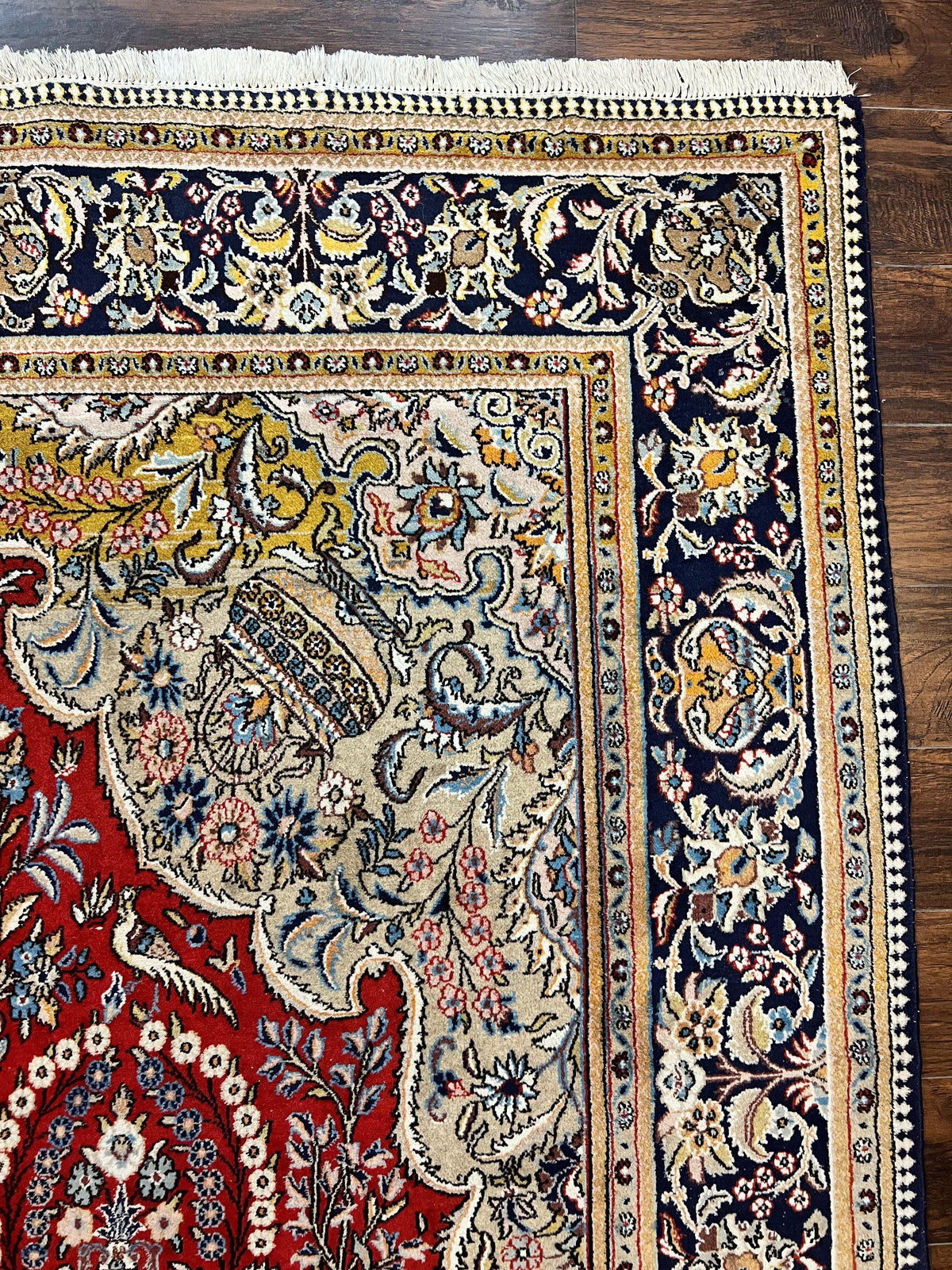 Wonderful Persian Qum Rug 10x14, Wool w/ Silk Highlights, Hand Knotted Semi Antique Vintage Carpet, Red, Floral, Fine Weave, Birds Deer Pictorials - Jewel Rugs, view 7